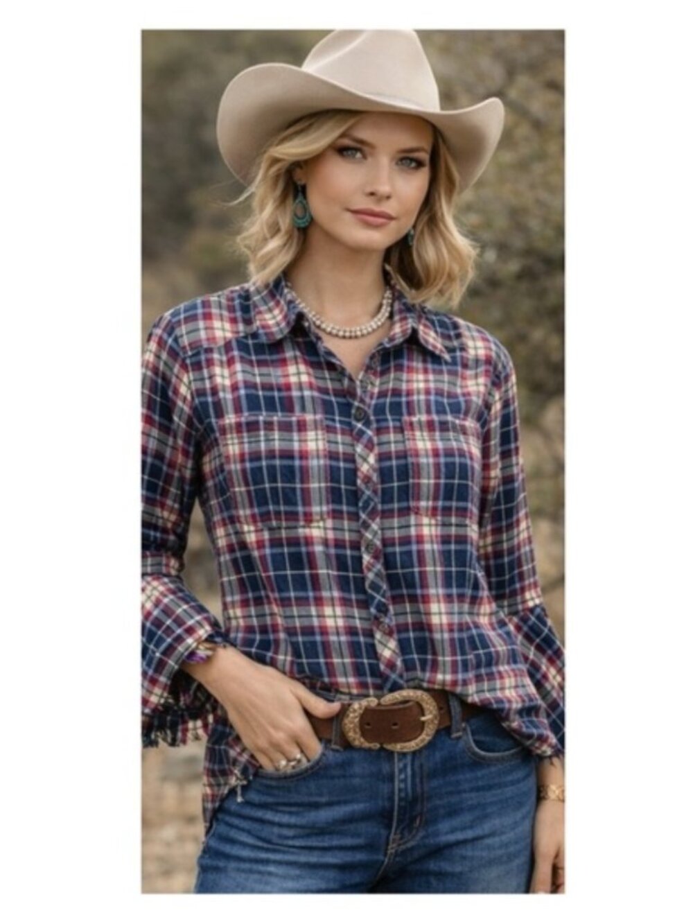 Aratta Silent Journey Button Up Long Bell Sleeve Floral Plaid Top sz L - Picture 3 of 10